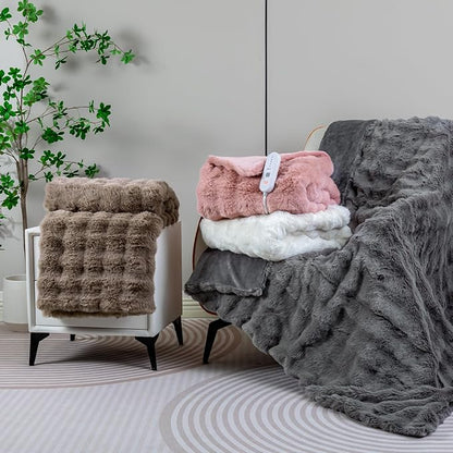 Heated Blanket Electric King- 100"x90" Soft Thick Bubble Electric Blanket for Sofa with 5 Heat Levels & 10 Hours Auto-Off Overheat Protection, Warm Cozy Gifts, Beige
