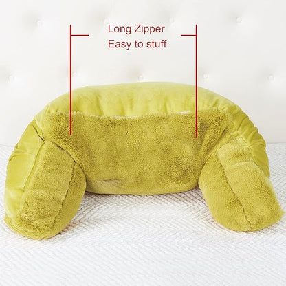 Plush Faux Fur Backrest Reading Bed Rest Pillow with Arms and Pockets for Sitting in Bed Couch Sofa, Back Support Wedge Cushion with Removable Cover, 20" x 18" x 17", Mustard Yellow