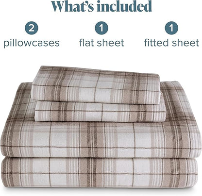 Bare Home Cotton Flannel Sheet Set Prints, 100% Cotton, Velvety Soft Heavyweight - Double Brushed for Softness & Comfort - Deep Pocket - Bed Sheets (Full, Chesapeake Plaid - Neutral)