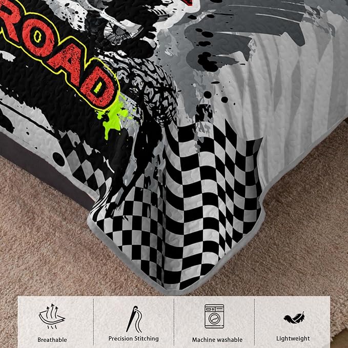AILONEN 3-Piece Motocross Racing Quilt Set Full Size Motorcycle Dirt Bike Bedspread Coverlet Soft Microfiber with 2 Pillowcases for Kids Girls Bed Cover