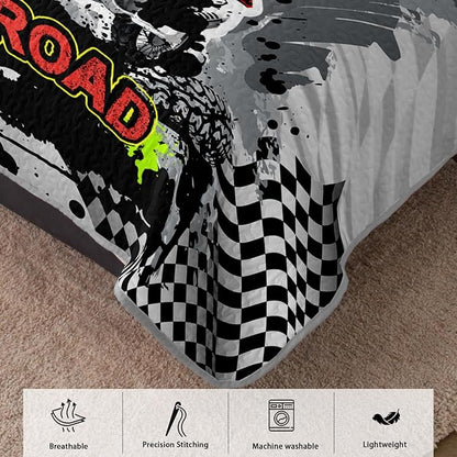 AILONEN 3-Piece Motocross Racing Quilt Set Queen Size Motorcycle Dirt Bike Bedspread Coverlet Soft Microfiber with 2 Pillowcases for Kids Girls Bed Cover
