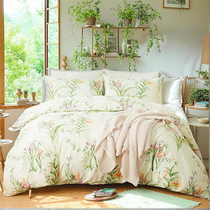 Duvet Cover Queen Size 100% Cotton Reversible Green Leaves Duvet Cover Set with Zipper Closure, 3 Pieces Vintage Flower Floral Bedding Comforter Cover, Ultra Soft & Breathable