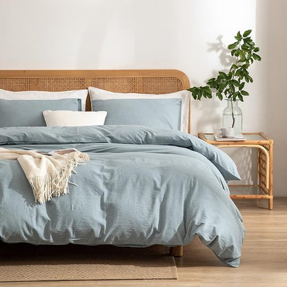 Light Blue Duvet Cover Queen, 100% Washed Cotton Linen Like Textured 3 Pieces Bedding Set, Solid Color Simple Style Luxury Relaxed Feel Natural Wrinkled Breathable Soft Comfy (Light Blue, Queen)