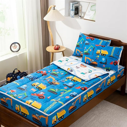 Holawakaka Kids Zipper Bedding Construction Truck Comforter Set, Boys Twin Size Excavator Tractor Digger Print Zippered Bed Sets, Child Dorm Zip Bedding