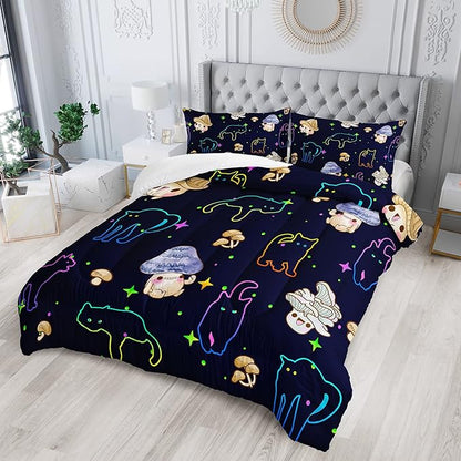 Mushroom Kawaii Cat Comforter Set Twin Size Kids Mushroom Bedding Set Star Theme Quilt Bed Set for Boys Girls Adults with 1 Comforter and 2 Pillowcases