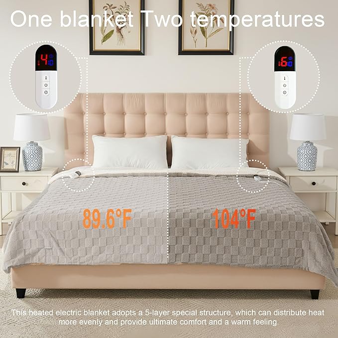 Electric Blanket, 84" x 90" Heated Blanket with 6 Heat Levels & 10 Hours Auto Off, Soft Checked Flannel Fast Heating Blanket with ETL & FCC Certification, Gray