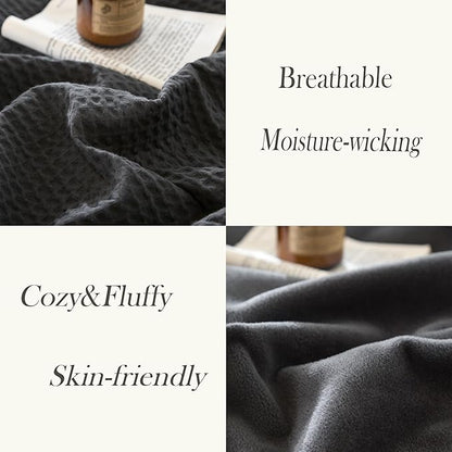 CHUFFED Cotton Waffle Blanket Queen Size - Plush Milk Velvet & Reversible Waffle Weave,Anti-Static 500Gsm Design，Thick Cozy Soft Winter Blanket for Bed, Couch, Sofa - Dark Grey, 90x90 Inches
