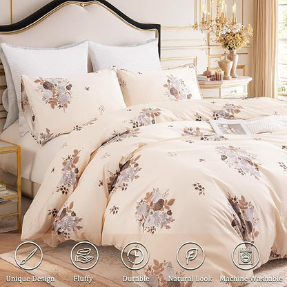Cream Floral Duvet Cover King Size - 100% Cotton Comforter Cover Elegant Flower Botanical Duvet Cover Sets 3-PC, Breathable Duvet Cover with Zipper Closure & Corner Ties