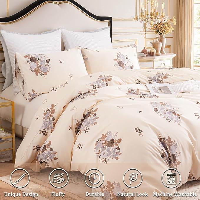 Cream Floral Duvet Cover Queen Size - 100% Cotton Comforter Cover Elegant Flower Botanical Duvet Cover Sets 3-PC, Breathable Duvet Cover with Zipper Closure & Corner Ties