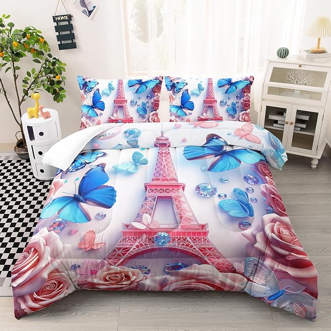 Paris Eiffel Tower Comforter 3Pcs Blue Butterfly Bedding Queen Rose Flower Bedding Set for Kid Teen Girl Boy Adult Bed Decor Colorful Diamonds Quilt with 1 Comforter and 2 Pillowcases