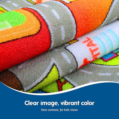 Booooom Jackson Kids Carpet Playmat with 12 Toy Cars for Age 3+ Colorful Non Slip City Rug for Kids Track Play Mat Playroom Bedroom Classroom Nursery