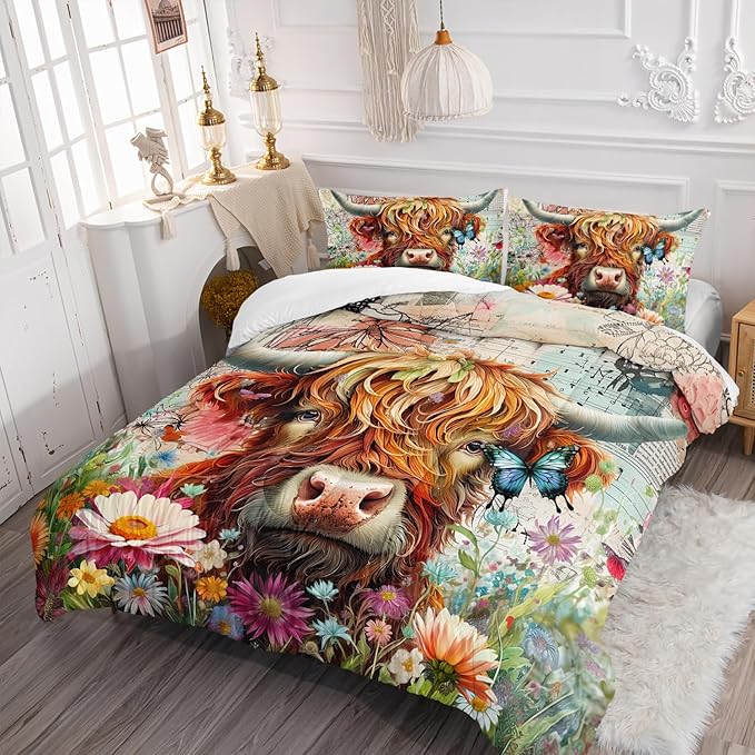 Cow Bedding Funny Animal Themed Comforter 3Pcs Queen Colorful Flower Cattle Print Comforter Set for Kids Teens Girls Boys Butterfly Bedroom Bed Decor with 1 Comforter and 2 Pillowcases