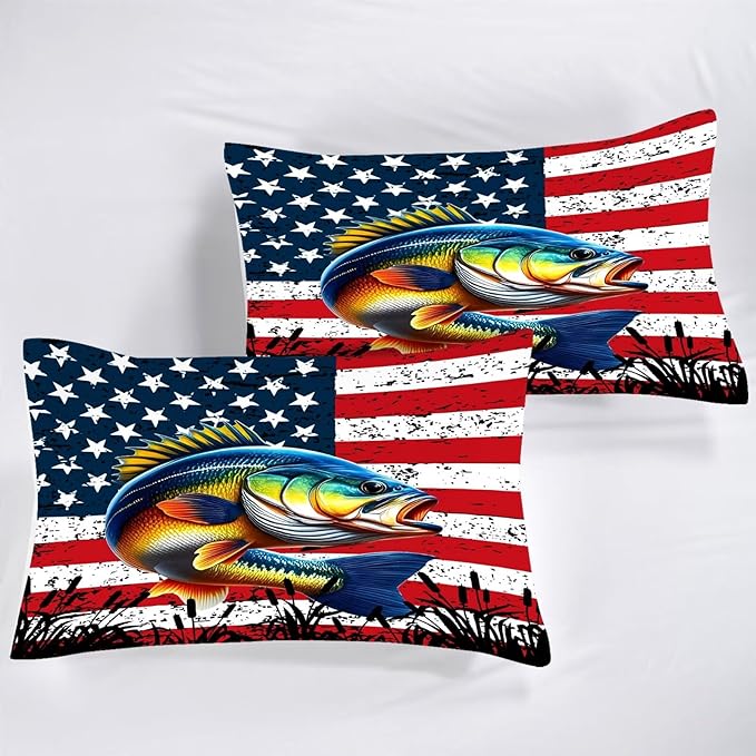 Bass Fish Comforter Set Twin Size Fisherman American Flag Bedding Set for Men Boys Teens Fishing Lover Bedroom Farmhouse Bed Set Wild Quilted,1 Comforter 1 Pillowcase