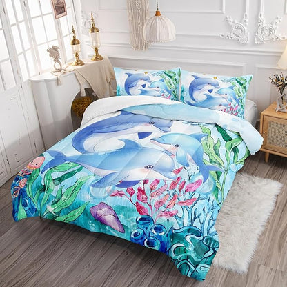 Dolphins Animal Aqua Blue Green Sea Comforter 3pcs Queen Kids Coral Jellyfish Comforter Set for Boys Girls Ocean Waves Bedding Fish Quilt Bed Set with 1 Comforter and 2 Pillowcases