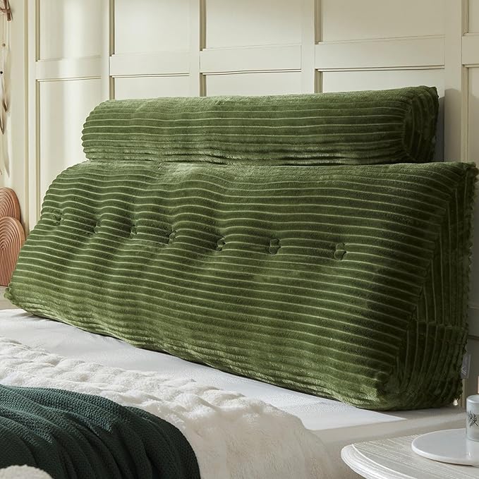 Headboard Wedge Pillow + A Long Neck Roll Pillow Body Pillow，Large Headboard Pillow with Removable Cover (Green, King：76x8x20 inches)