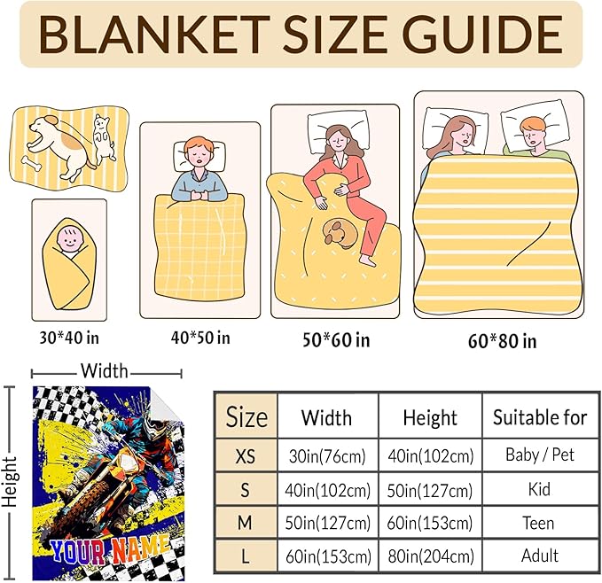 Boys Blanket Gifts Personalized Dirt Bike Blankets for Kids Teens Adults - 60" x 80" Custom Name Cool Car Themed Motorcycle Soft Lightweight Flannel Throws for Couch, Sofa, Bedroom Decor