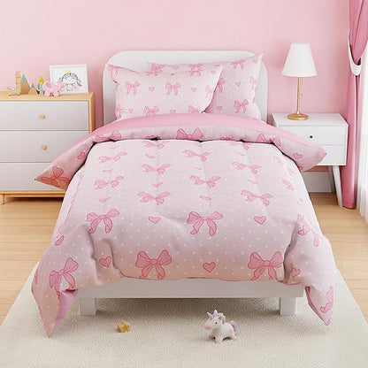 SANDJEST Bow Comforter Set Twin Size 68x86in for Kids Girls, Microfiber 3 Pcs Bedding Set Includes 1 Comforter, 1 Pillowcase, 1 Fitted Sheet, Nursery Room Decor