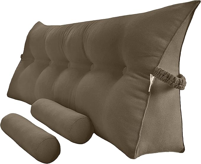 Triangular Reading Bed Rest Pillow Large Bolster Cushion Headboard Wedge Pillow with Two Detachable Roll Pillows for Neck & Lumbar Support (Cedar Brown, California King 71x8x20 inches)