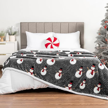 PAVILIA Premium Christmas Sherpa Throw Blanket, 50x60, Grey Snowman Cozy Fleece Holiday Blanket, Reversible Plush Winter Throw for Couch & Bed, Ultra Soft Warm