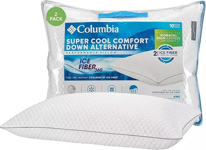 Columbia Comfort Ice Fiber Side Sleeper Down Alternative Bed Pillow with Polyester Fiberfill, Supportive Cooling Double Sided Breathable Cover (Back & Stomach Sleeper, King (Pack of 2))