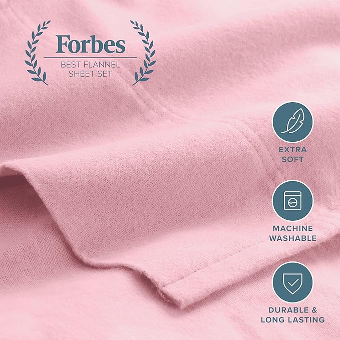 Bare Home Flannel Sheet Set 100% Cotton, Velvety Soft Heavyweight - Double Brushed Flannel - Deep Pocket (King, Light Pink)