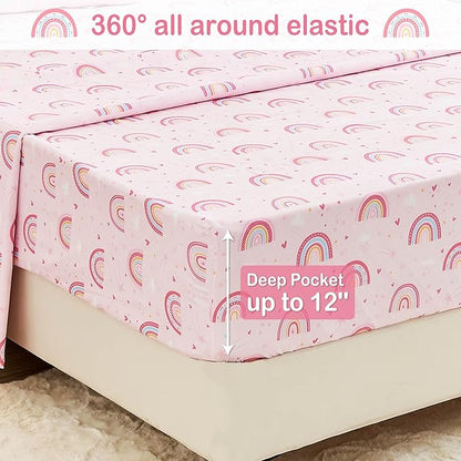 Mooreeke Bed in a Bag for Kids Girls Teens, 6 Pieces Twin Size Comforter Bed Set with Shams, Sheet Set and Decorative Toy Pillow, Rainbow Pink Super Soft Microfiber Kids Comforter Bedding Set