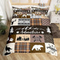 Hunting Adventure Bedding Set King Size for Teens,Deer Bear Wolf Rustic Farmhouse Comforter Cover with 2 Pillowcases,Exotic Aztec Boho Tribal Brown Check Duvet Cover Set Microfiber Quilt Cover
