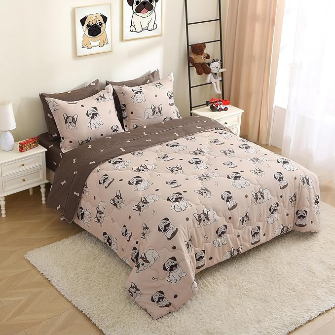 Kids Comforter Set 7 Piece Bedding Cute Dog Cartoon Animal Bed Microfiber Comforter Queen Size All Season (1 Comforter, 1 Flat Sheet, 1 Fitted Sheet, 4 Pillowcase)