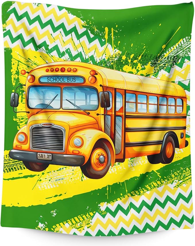 Boys Blanket Gifts School Bus Blankets for Kids Teens Adults - 60" x 80" Cool Car Themed Soft Lightweight Flannel Throws for Couch, Sofa, Bed, Bedroom Decor
