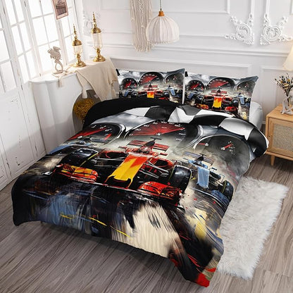 Racing Theme Comforter Set Racing car Extreme Sports Competition Quilt Sets with 1 Comforter and 2 Pillowcases for Kids Boys Bedroom All Season（Race Car-2 Queen）