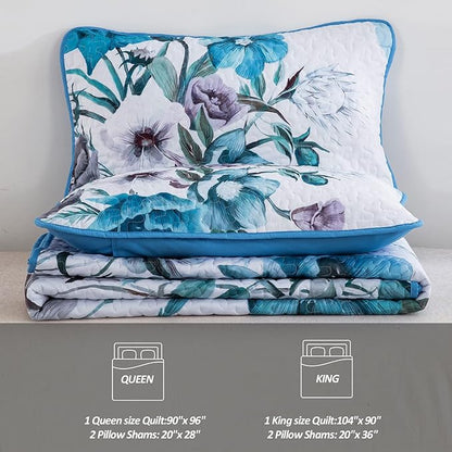 Floral Quilt Set Queen 3 Pieces Boho Blue Floral Quilt Coverlet Set Soft Microfiber Lightweight Blue Quilted Bedspread for All Season 90"x96"