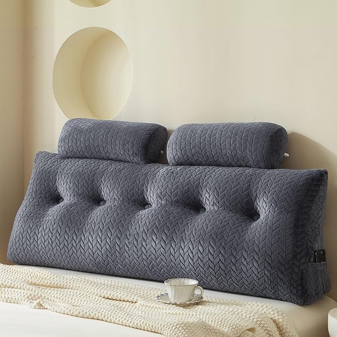 YOUR MOON Wedge Headboard Pillow Queen with 2 Pack Neck Roll Pillows, Triangular Wedge Backrest Pillow Headboard for Bed,Daybed,and Lounging, Large Bed Bolster Pillows,Dark Gray