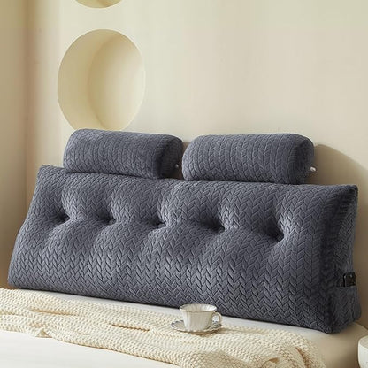 YOUR MOON Wedge Headboard Pillow Queen with 2 Pack Neck Roll Pillows, Triangular Wedge Backrest Pillow Headboard for Bed,Daybed,and Lounging, Large Bed Bolster Pillows,Dark Gray