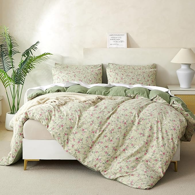 Jane yre Floral Queen Duvet Cover Soft Brushed Microfiber Crinkle Gauze 3 Pieces Floral Bedding Set, Garden Vintage Style Flower Pattern Duvet Cover with Zipper Closure Luxury Breathable Comfy