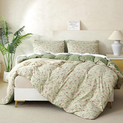 Jane yre Floral Queen Duvet Cover Soft Brushed Microfiber Crinkle Gauze 3 Pieces Floral Bedding Set, Garden Vintage Style Flower Pattern Duvet Cover with Zipper Closure Luxury Breathable Comfy