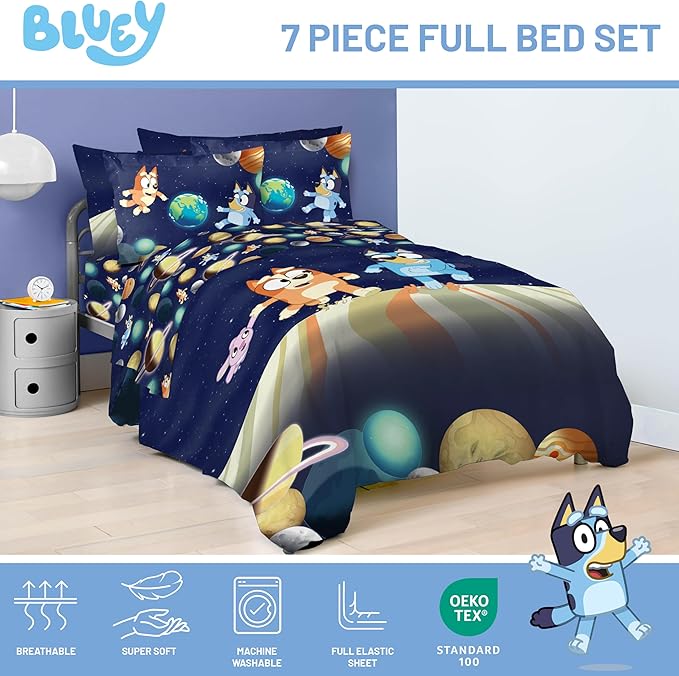 Jay Franco Kids Comforter Set Includes Sheets and Pillow Covers - Soft and Cozy Bed Set for Stylish Room Decor, Blue - Bluey & Bingo, 7 Piece Full