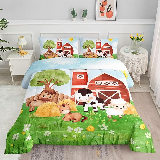 Kids Comforter Set Farm Theme Printed Pattern Bedding Set with 1 Comforter and 2 Pillowcases for Girls Boys Bedroom All Season(Farm Theme03 Queen)