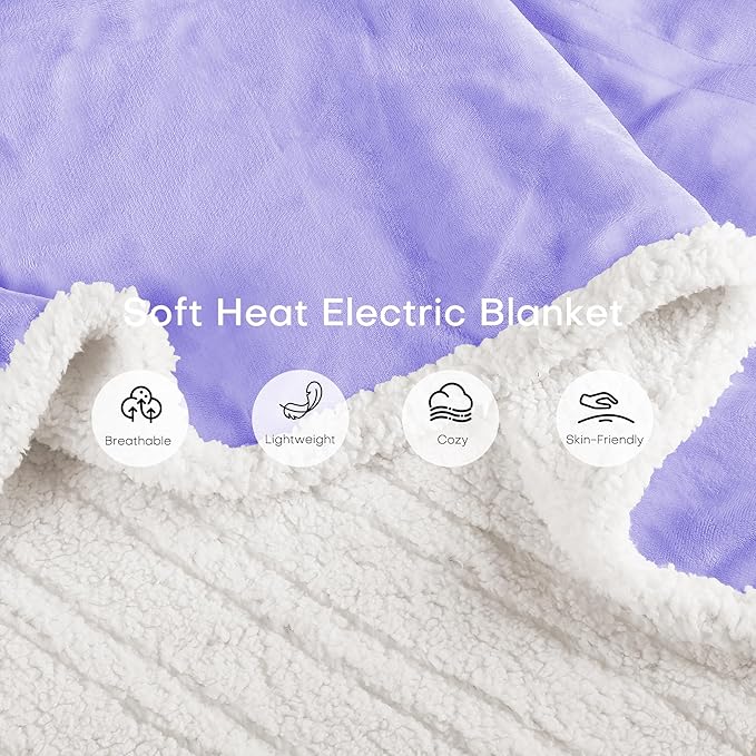 Electric Heated Blanket Full Size 72"x84" - Dual-Sided with Microplush & Sherpa Fabric, 4 Heat Settings & 10 Hours Auto Off, Machine Washable - Pale Purple