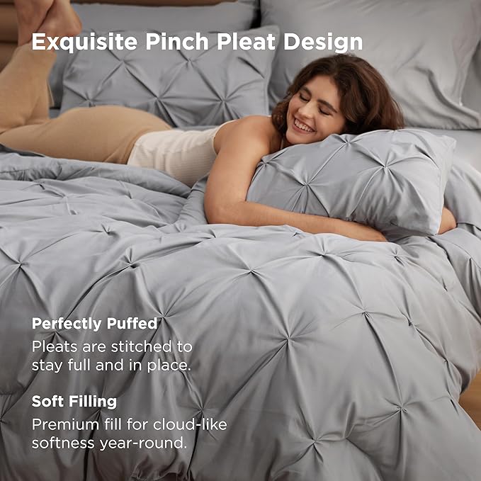 Bedsure King Size Comforter Set - Bedding Sets King 7 Pieces, Pintuck Bed in a Bag Grey Bed Set with Comforter, Sheets, Pillowcases & Shams