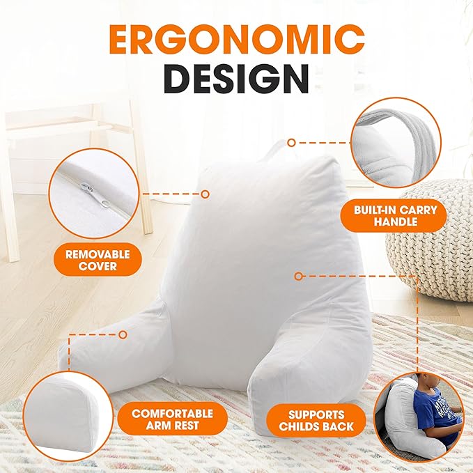 Cheer Collection Reading Pillow with Arms – Portable Bed Pillow for Sitting Up & Support, Foam-Filled Back Rest Pillow for Sitting in Bed & Couch, Machine Washable, White