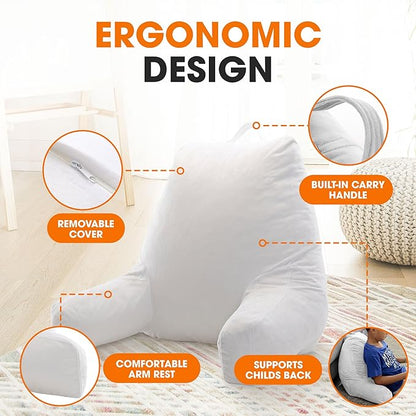 Cheer Collection Reading Pillow with Arms – Portable Bed Pillow for Sitting Up & Support, Foam-Filled Back Rest Pillow for Sitting in Bed & Couch, Machine Washable, White