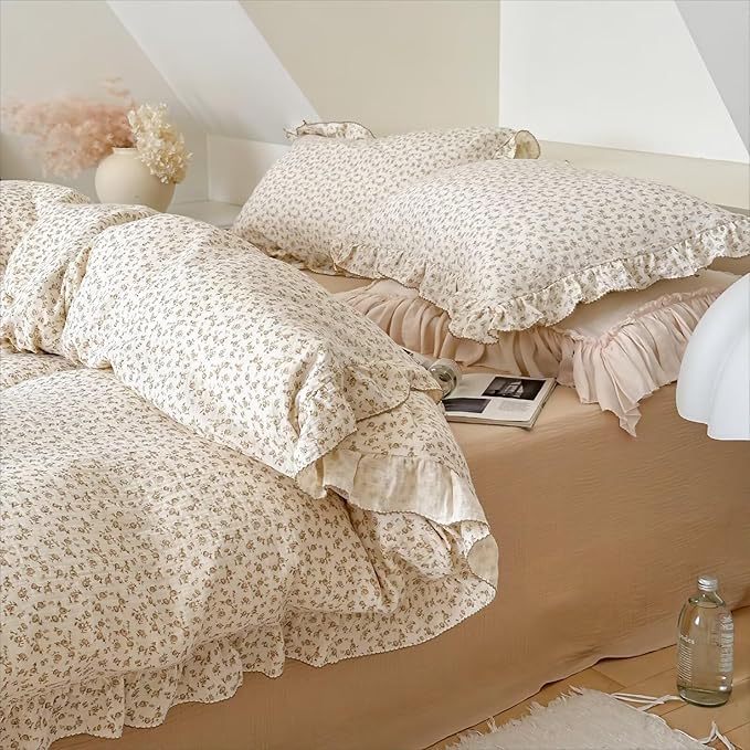 BuLuTu Carmine Flower Print Duvet Cover Full, Soft Lightweight Cotton Muslin Quilt Cover with Zipper Closure Floral Comforter Cover Ruffles Princess Bedding, Machine Washable, Camellia Pattern