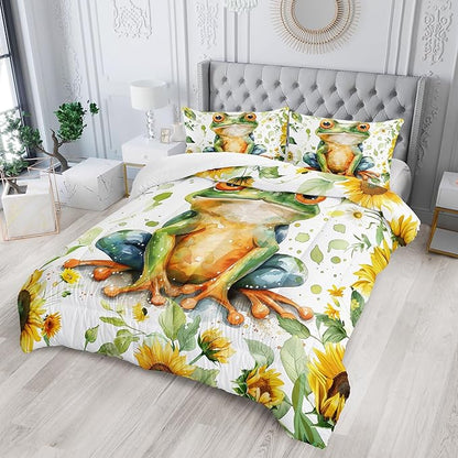 Cartoon Green Wild Frog Comforter 3Pcs Yellow Sunflower Bedding Queen Tropical Amphibian Animal Quilt Set for Kid Teen Girl Boy Adult Botanical Leaf Bed Decor with 1 Comforter and 2 Pillowcases