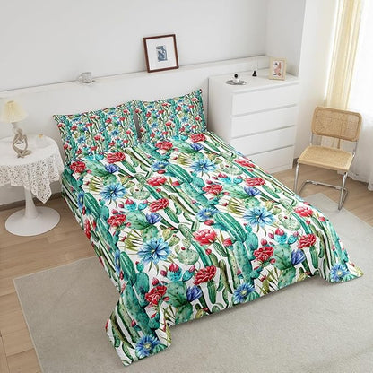 Cactus Flowers Comforter Set Queen Size for Kids Desert Green Botanical Bedding Sets All Season Bohemia Exotic Rustic Quilt Set Bedroom Decor Western Farmhosue Down Comforter,3Pcs