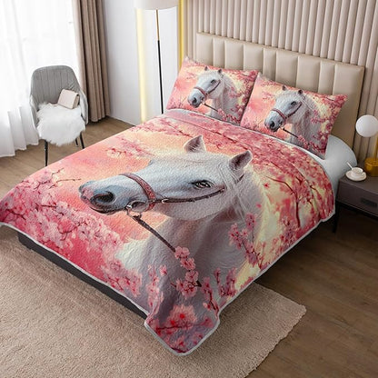White Horse Quilts Bedding Queen 3Pcs Pink Chic Cherry Blossoms Bed Set Wild Animal Rustic Farmhouse Horse Pattern Bedspread Coverlet with 2 Pillowcases for Kid Boy Girl Teen Adult Room Decor