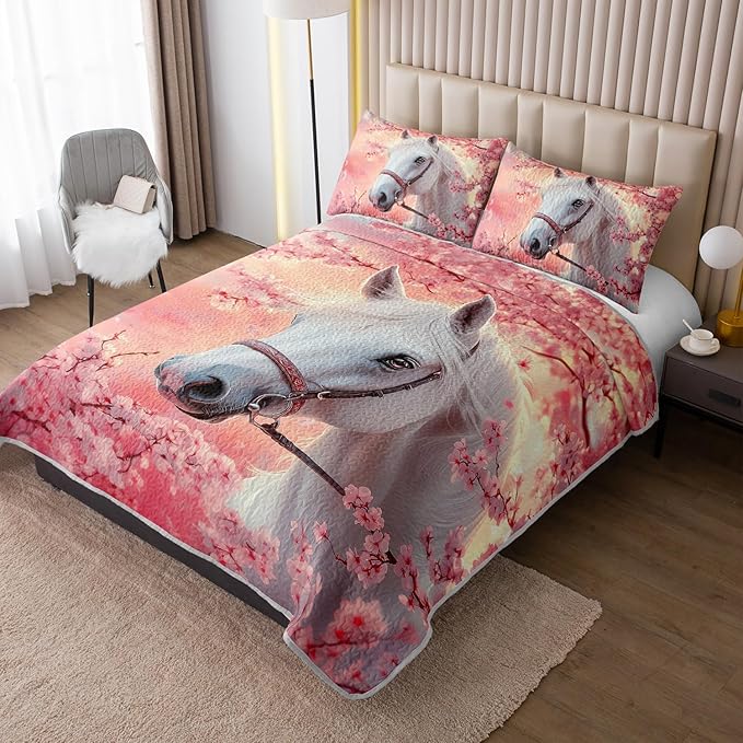 White Horse Quilts Bedding Twin 3Pcs Pink Chic Cherry Blossoms Bed Set Wild Animal Rustic Farmhouse Horse Pattern Bedspread Coverlet with 2 Pillowcases for Kid Boy Girl Teen Adult Room Decor