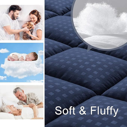 HYLEORY King Mattress Pad Quilted Fitted Mattress Protector Cooling Pillow Top Mattress Cover Breathable Fluffy Soft Mattress Topper with 8-21" Deep Pocket, Navy