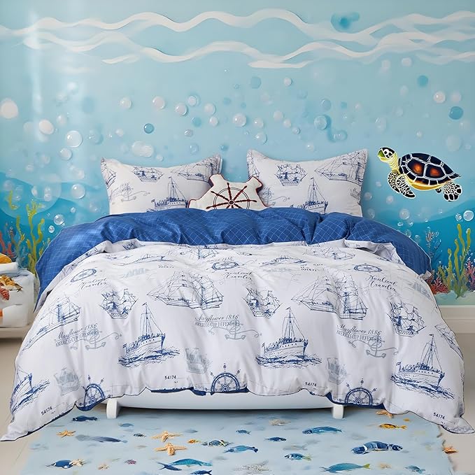 Simple&Opulence 100% Organic Cotton Duvet Cover for Kids Teens,3 Pieces Soft Cartoon Comforter Cover with Zipper Closure, Boys Bedding Set with Sailboat Pattern,Twin