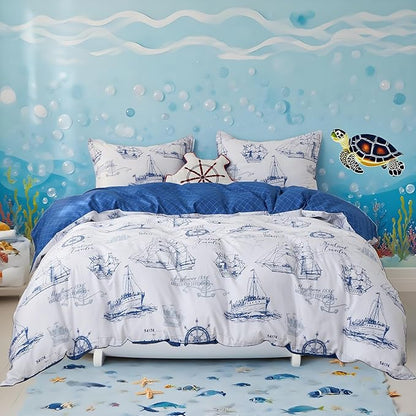 Simple&Opulence 100% Organic Cotton Duvet Cover for Kids Teens,3 Pieces Soft Cartoon Comforter Cover with Zipper Closure, Boys Bedding Set with Sailboat Pattern,Twin