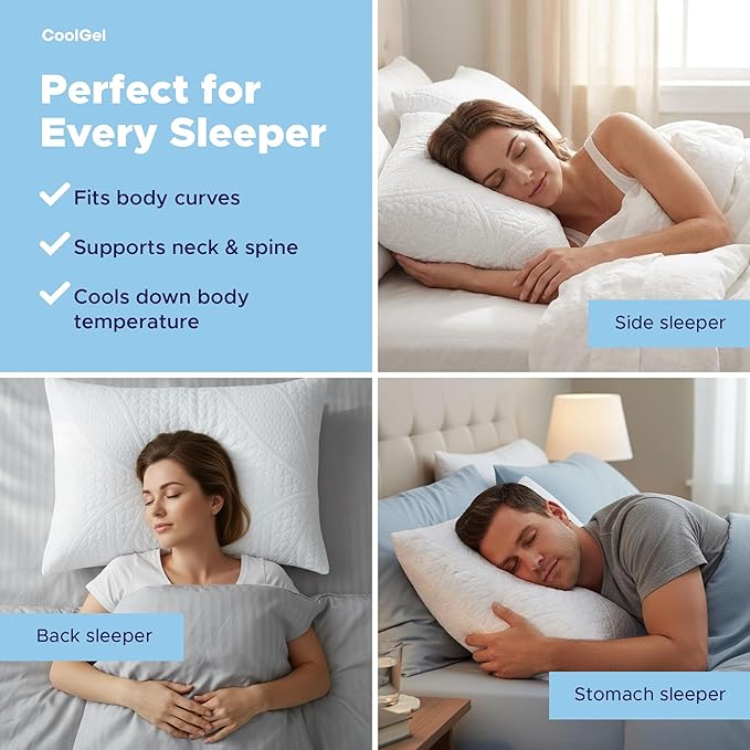 CoolGel Cooling Pillow Standard Size - Shredded Memory Foam Pillow with Double Sided Cooling Gel for Hot Sleepers, Breathable Washable Quilted Cover, Neck and Spine Support